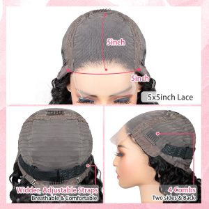 center wig natural black remy hair 5x5 lace closure deep wave human hair wig